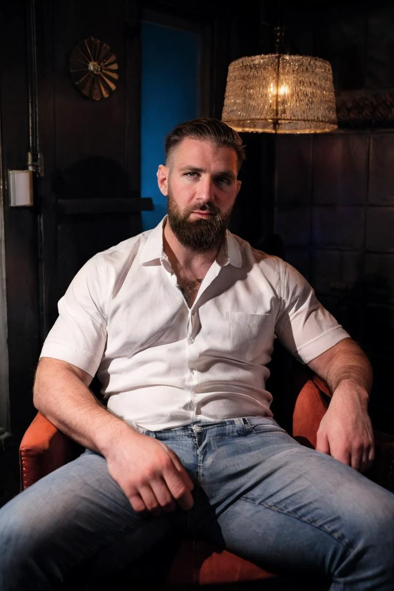 photo de Chuckc, cheveux courts, barbe, saper, porter une chemise habillée et un jean, assis sur une chaise à son bureau la nuit, éclairage dramatique