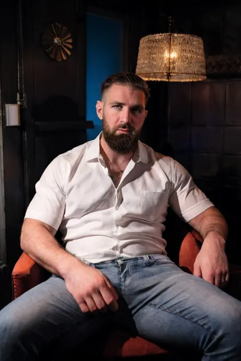 <lora:chuckcv1:0.8> photo of chuckc, short hair, beard, undercut, wearing a dress shirt and jeans, sitting in a chair at his off...