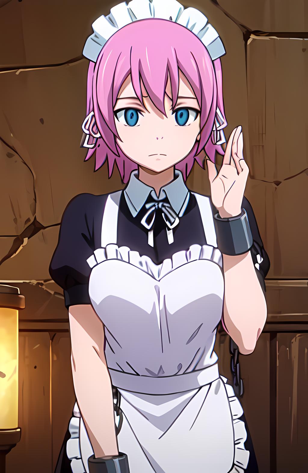 Anime character in maid outfit with pink hair and blue eyes - SeaArt AI