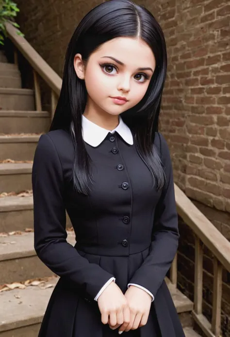 a close up of a woman in a black dress and white collared shirt