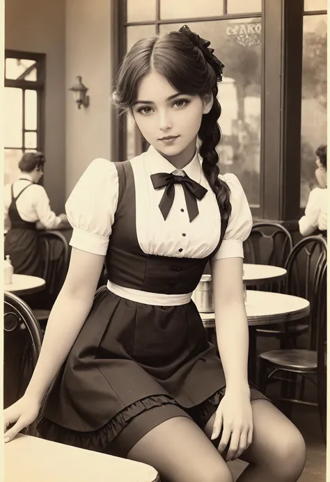 a photograph of a waitress, sexy, erotic, 1900s, sentimental, idyllic, dreamy, cute, quaint, suggestive,