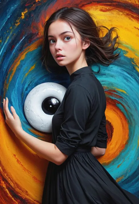 arafed woman in black dress holding a white eyeball in front of a colorful swirl