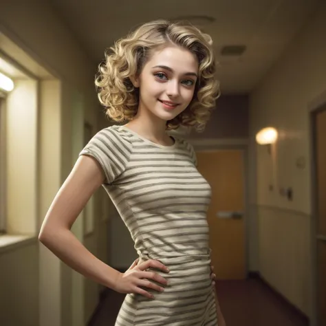 a close up of a woman in a striped shirt posing for a picture