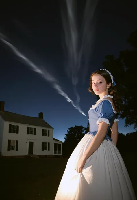 arafed image of a woman in a white dress standing in front of a house