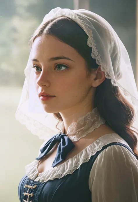 a close up of a woman wearing a veil and a dress