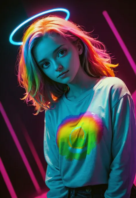 a woman with a neon halo on her head and a white shirt