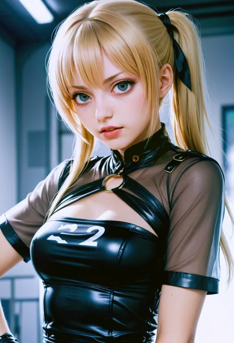 a close up of a woman in a black latex outfit