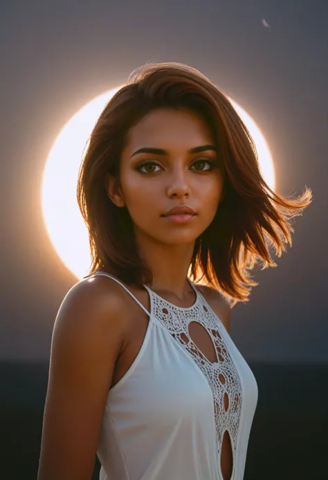 a woman with a white top and a sun in the background