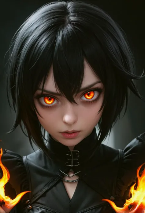 a woman with black hair and red eyes holding a fire