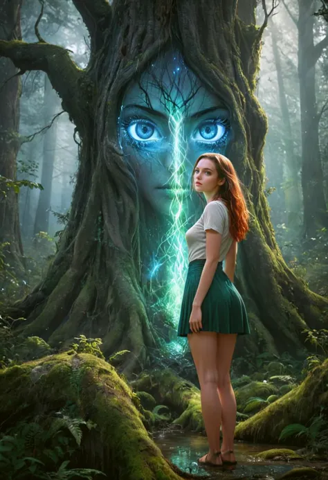 a woman standing in front of a tree with a glowing face