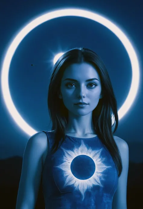 a woman in a blue dress standing in front of a blue circle