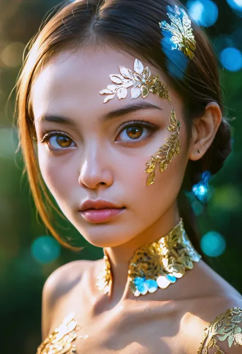 a woman with gold face paint and a blue flower in her hair