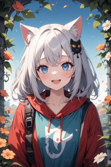 1girl, silver hair, blue eyes, cat ears, hoodie, beautiful smile, open mouth, abstract, flowers, leaves, vines, masterpiece, bes...