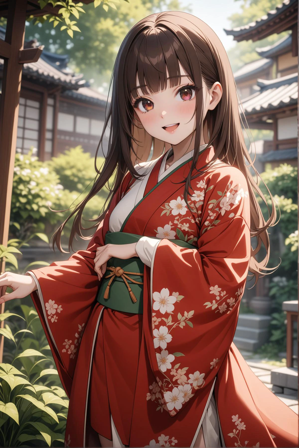 1girl, dark brown eyes, brown hair, blunt bangs, long hair, small breast, kimono, pose, contrapposto, beautiful smile, open mouth, garden, looking at the viewer, masterpiece, best quality, very aesthetic, absurdres, newest, intricate details, intricate, ai generated