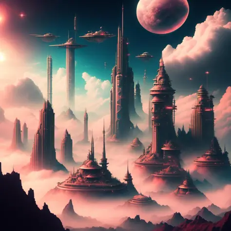 (retrotide style:1) A Scifi City in the Clouds, [scifi|fantasy] <lora:RetroTide_LB3-long-000010:1>
