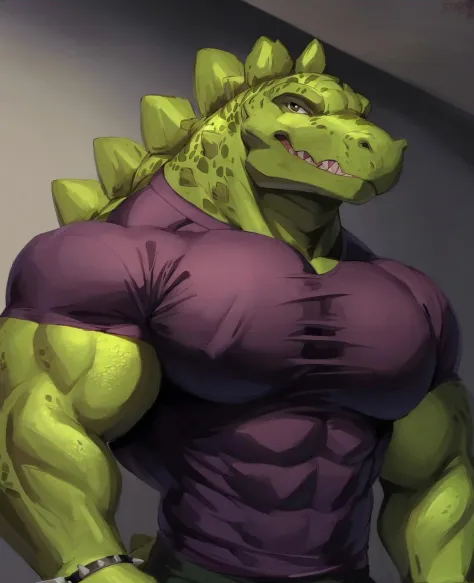 dinosaur,(stegz:1.3),green skin,scalie,<lora:Stegz_Extreme_Dinosaurs:0.8>,male,muscular,huge muscles,nostrils,scaly,spikes,sharp...