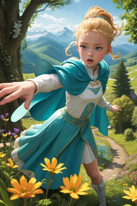 zrpgstyle, AS-YoungerV2 DollieNobodySD15 medieval  princess teal dress, elaborate, ornate, adventurer cape, (blonde hair, top pony tail:1.1), standing in a tall field of flowers, tree canopy overhead (alpine mountains:1.1), clear sky, (masterpiece:1.3) (best quality) (detailed) (8k) (HDR) (cinematic lighting) (sharp focus) (intricate) (intense action scene, dutch angle, foreshortening, motion blur, blurred foreground:1.3)