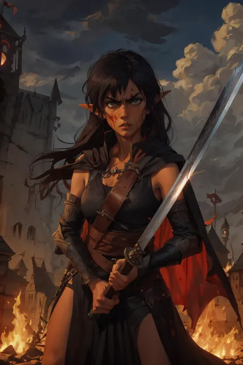 zrpgstyle, <lora:Ankoku_no_Hakaishin:1>, arshes_nei, 1girl, solo, pointy ears, tan, long [black:0.5] hair, angry expression, holding sword, wearing leather armor, cloak, blood splatter, burning castle background