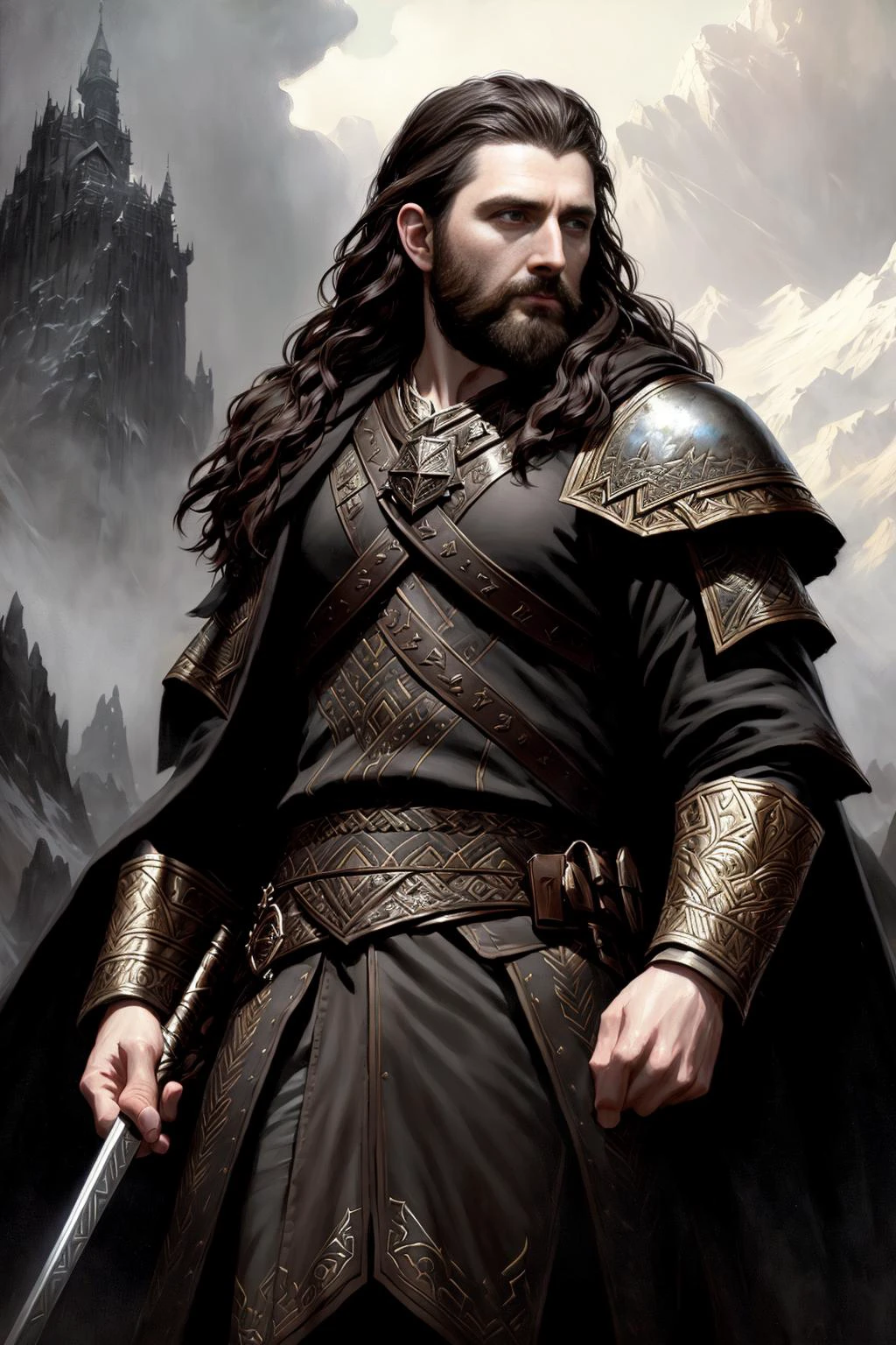 a (full body:1.2) dramatic highly detailed render Thorin Oakenshield ...