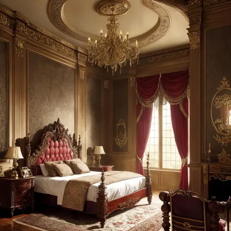 luxurious victorian era gothic bedroom interior detailed walls, rich ornate fabrics, (masterpiece:1.1) (painting:1.1) (weighted lines) (best quality) (detailed) (intricate) (8k) (HDR) (wallpaper) (cinematic lighting) (sharp focus)