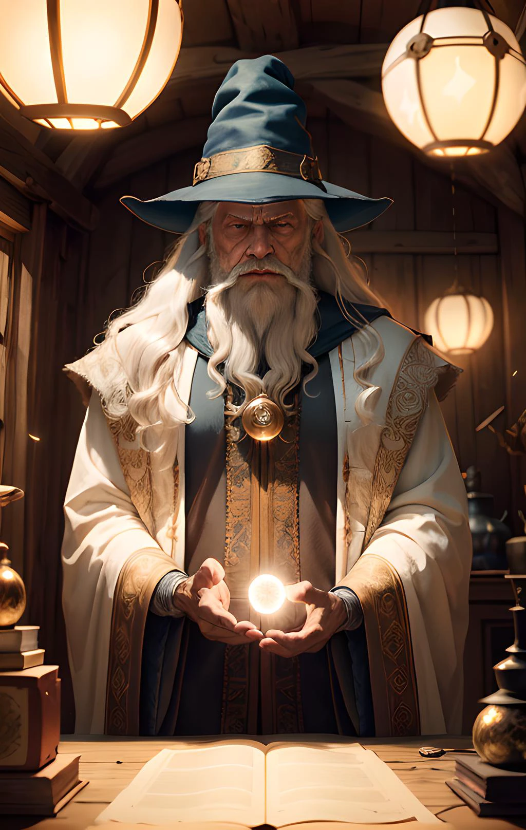 (Masterpiece:1.2), (Best Quality), Detailed, UHD, Cinematic Lighting, sharp focus, (illustration:1.1), intricate, Old Wizard with long white hair and beard, wearing a wizard's robe and hat, pondering a glowing orb, in a dimly lit room, magician's room, glowing lights, flickering lights,