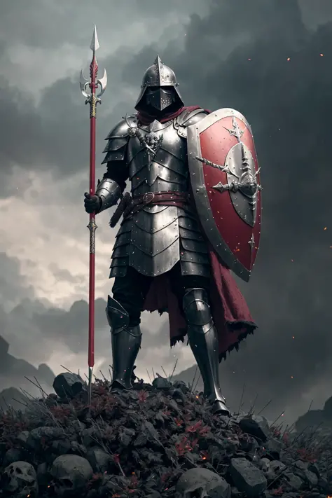 (spearman), ((armed with spear and shield)), spear, shield, long pike, full body, action pose, plate armor, standing on top of the skull pile, torn red cloak, wearing mace on the belt, low angle shot, burning hell background, gray overcast sky with a red tint, unity HDRP, unreal engine, raytracing, ultra detailed, masterpiece