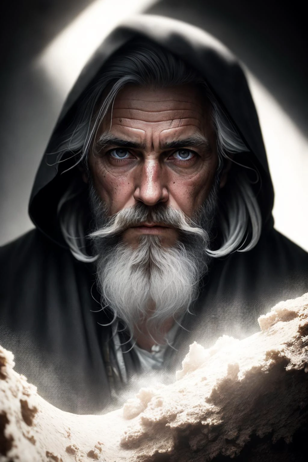 photo, old evil hermit, medieval, piercing_deep-set_eyes, wrinkled face, dark_stichted_cloak, (dramatic lighting:1.25), (shadowy background:1.2), (dirty_ unkempt_gray_hair:1.2), (long_shaggy_beard:1.3), (faded colors:1.1), (sharp focus:1.1), (shadows:1.2), (subtle HDR:1.3), (realistic skin texture:1.25), (detailed hair:1.2),  (gritty texture:1.1), (cinematic look:1.2), (powerful pose:1.3), (blush:0.5), (goosebumps:0.5), subsurface scattering, detailed_grey_eyes