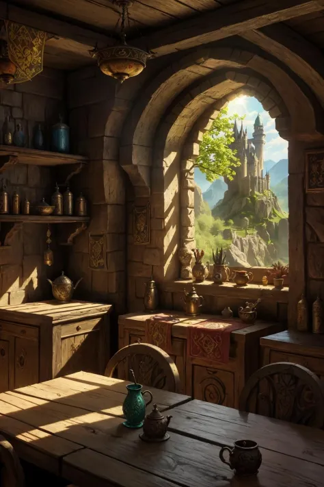 zrpgstyle, medieval fantasy tavern interior, colorful tapestries on the walls Game of Thrones Hogwarts bright morning sunlight shining in from windows Clutter-Home, (masterpiece:1.2) (best quality) (detailed) (intricate) (8k) (HDR) (wallpaper) (cinematic lighting) (sharp focus)