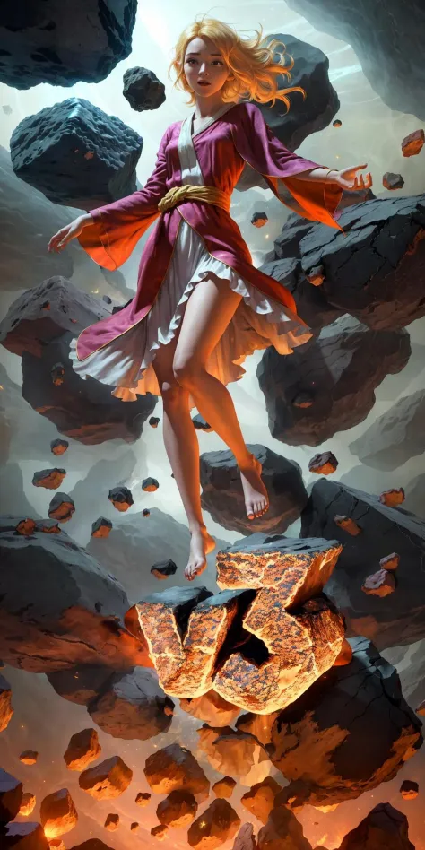 female barefoot summoner levitating with blonde hair robes and cape arms lifted up over a broken earth bright lava light from be...