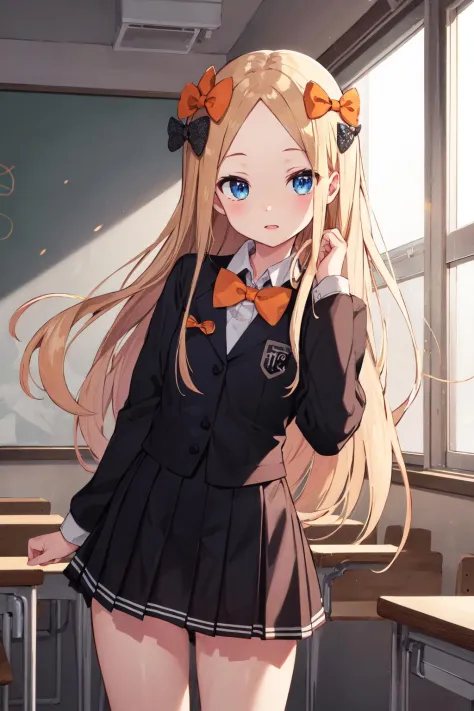 masterpiece, best quality, highres, hmaw1, long hair, black bow, orange bow, school uniform, <lora:abigail_v1:0.8>, cowboy shot, standing, classroom,