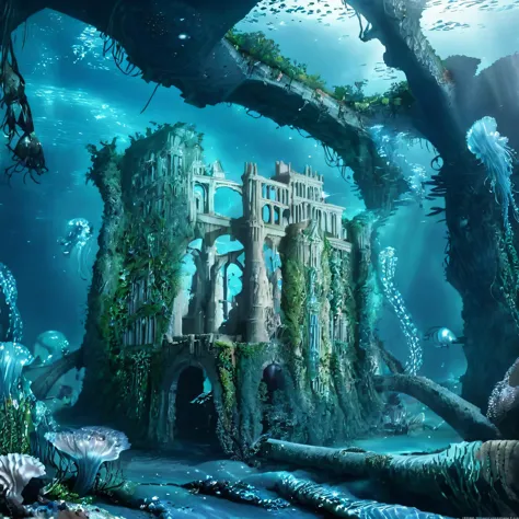 underwater scene of a castle in the middle of a forest