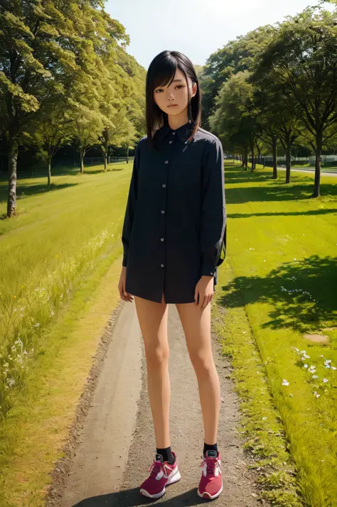 extremely detailed illustration of a asian girl, black straight hair, full body, wearing running shoes, standing on a grass field, tone mapped, highly detailed, beautiful, small details, ultra detailed, best quality, intricate, hyperrealism, sharp, digital...