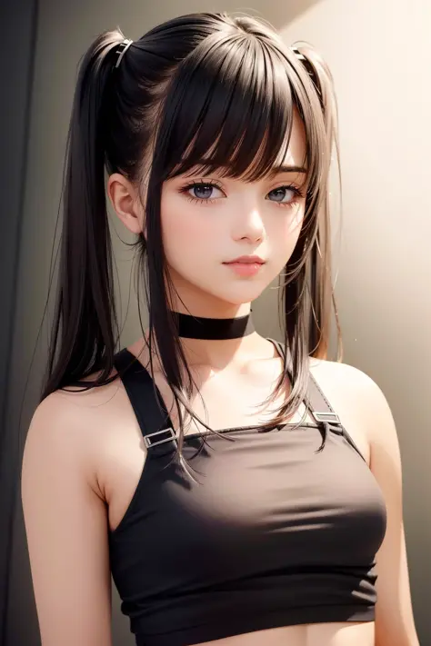 (best quality, masterpiece:1.1), (realistic:1.4), 1girl, upper body, tight crop top,twin tails, studio