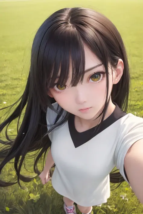 (photorealistic), (realistic), volumetric lighting, silky_hair, (straight hair), blush, (green eyes), (detailed_eyes), extremely detailed illustration of a female korean, black hair, wearing running shoes, standing on a grass field, cowboy shot, contrappos...