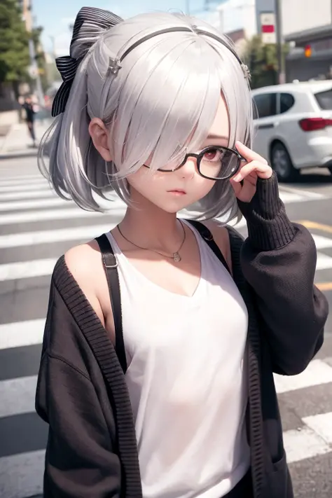 best quality, masterpiece, girl, silver hair, dark eyes,White shirt,rooftop,crosswalk,cardigan,hair bow,bespectacled,hair over one eye,small breasts