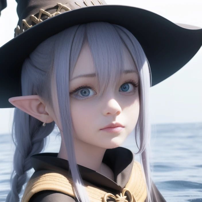 roxy migurdia, 1 young girl, bangs, black headwear, sitting by the ocean, blue eyes, blue hair, braid, brown cape, cape, close-up, floating hair, hair between eyes, hat, long hair, looking at viewer, portrait, solo, water drop, witch hat, ((masterpiece)), ...