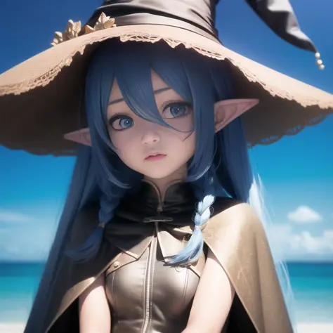 roxy migurdia, 1 young girl, bangs, black headwear, sitting by the ocean, blue eyes, blue hair, braid, brown cape, cape, close-up, floating hair, hair between eyes, hat, long hair, looking at viewer, portrait, solo, water drop, witch hat, ((masterpiece)), ...