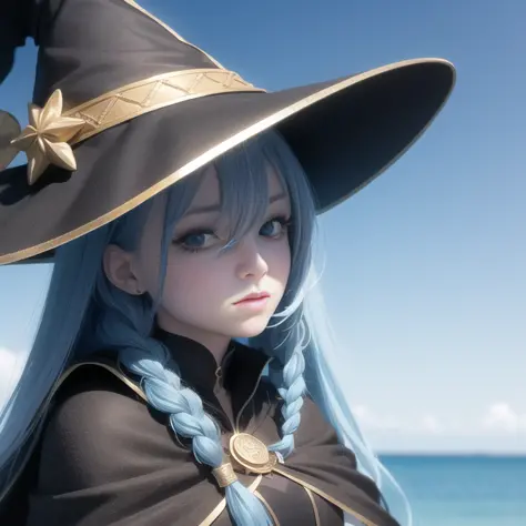 roxy migurdia, 1 young girl, bangs, black headwear, sitting by the ocean, blue eyes, blue hair, braid, brown cape, cape, close-up, floating hair, hair between eyes, hat, long hair, looking at viewer, portrait, solo, water drop, witch hat, ((masterpiece)), ...