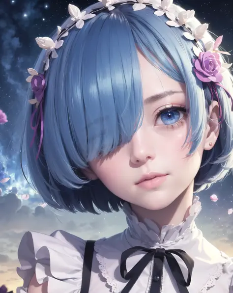 masterpiece, best quality, ultra-detailed, illustration, epic lighting, cinematic composition, colorful, sidelighting, lustrous skin, realistic, 3d face, (finely detailed beautiful eyes: 1.2), 1girl, rem_\(re:zero\),cute, medium breasts, blue hair, short h...