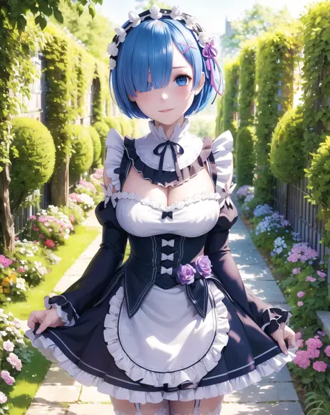 masterpiece, best quality, ultra-detailed, illustration, epic lighting, cinematic composition, colorful, sharp:1.3, 1girl, rem_\(re:zero\), medium breasts, blue hair, short hair, (hair over one eye:1.3), eyes_visible_through_hair, blue eyes, roswaal_mansion_maid_uniform, apron, white thighhighs, garter straps, standing, upper body, outdoors, mansion, summer, garden, flowers, trees, grass, bushes, sunlight, (extremely detailed CG:1.2), (8k:1.1),<lora:remReZero_v10:0.5>