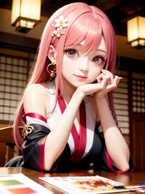 1girl, (ulzzang-6500:0.7), kpop idol, yae miko, detached sleeves, bare shoulders, pink hair, long hair, japanese clothes, best quality, (painting:1.5), (hair ornament:1.35), jewelry, purple eyes, earrings, breasts, torii,  cherry blossoms,  lantern light, ...