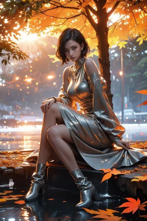 Best quality,masterpiece,ultra high res,1girl,water,solo,tree,rock,boots,leaf,sitting,dress,outdoors,detached sleeves,black hair...