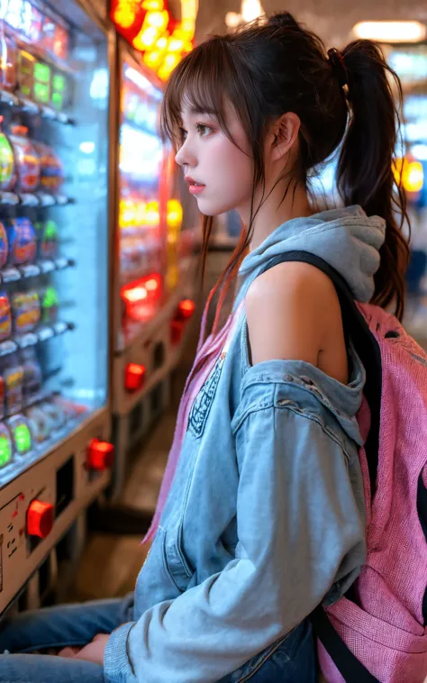 araffe girl sitting on a bench in front of a vending machine