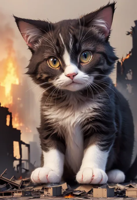A giant cat at middle of a ruined city, flaming buildings, disaster, smoke, fire,