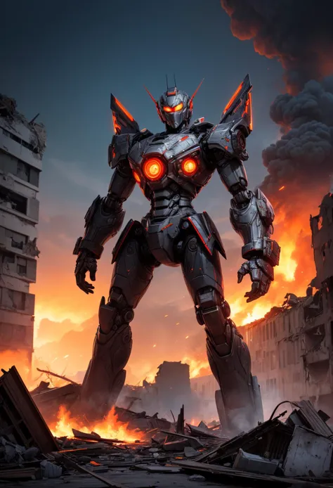 A giant robot in the middle of a ruined city, flaming  buildings, disaster, ((lazer gaze)),  ((frontal view, facing viewer, look...