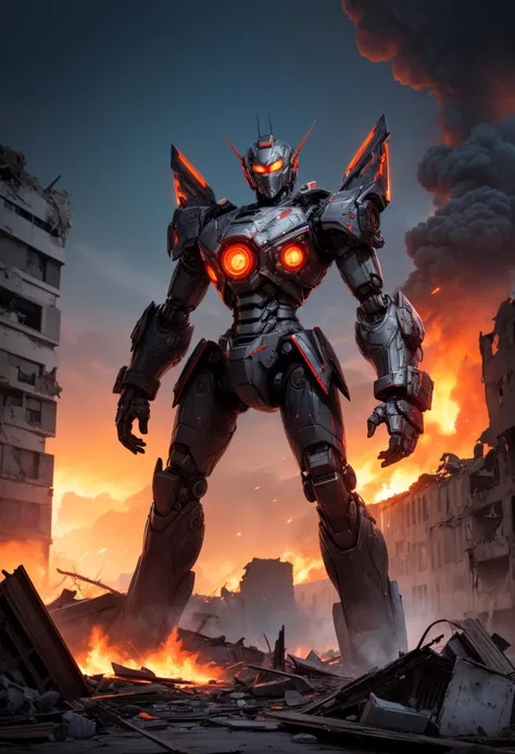 a robot standing in front of a city with a fire in the background