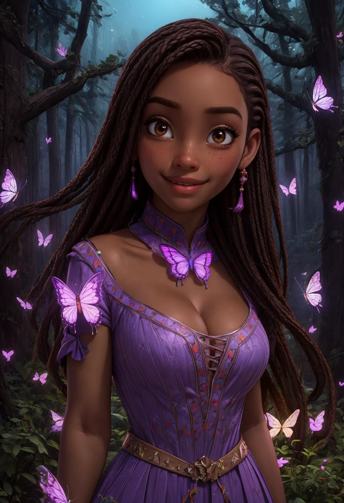 1girl, solo, ((half body shot:1.3)), ((facing viewer, looking at viewer)), DisneyAsha, brown hair, brown eyes, braids, cleavage, intricate, absurdres, highest quality, extremely detailed, immaculate, epic, masterpiece, RAW photograph, ((at mysterious glowing forest, glow:1.3, night, butterflies)), (lilac dress, dark skin, dark-skinned)) glowart