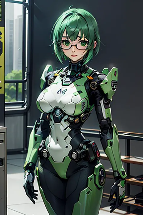 (masterpiece, Perfect Quality:1.3), perfect anatomy, (from front cinematic shot:1.3), 1girl solo female focus, (green complex detailed large bulky mecha suit power armor on arm legs and back, green power armor mecha exoskeleton suit), skintight bodysuit bl...