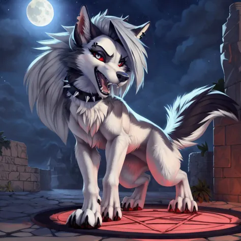 full body, ((feral)), hellhound, loona (helluva boss), looking at viewer, (snarling, angry, teeth),open mouth, tongue,  paws, female, summoning circle, night, [best quality, shaded, extreme detail, highly detailed, ultradetailed, intricate, realistic], detailed background, by Enki Bilal, by wolfy-nail, by Michael & Inessa Garmash, Ruan Jia, by drmax, ear piercing, ear ring, eyebrow piercing, eyebrow ring, notched ear, spiked collar, slit pupils, white eyes, red sclera,