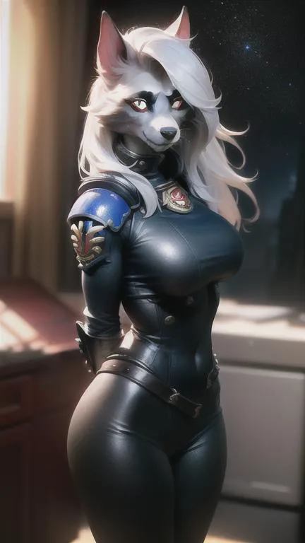 Masterpiece, best quality, loona, hellhound, 1girl, solo, (highly detailed eyes, slit pupils, white eyes, red sclera:1.5), furry female, (photorealistic, realistic:1.2), (large breasts:0.8), arms behind back, warhammer 40k, space marine, armor, adepta sororitas, power armor, <lora:loonaHelluvaBossLora_loonaLoraV3Latest:0.5>